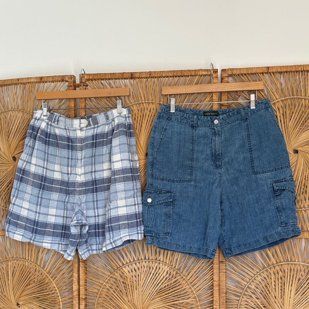 Vintage Ralph Lauren plaid and Denim Shorts Set 100% linen preppy golf